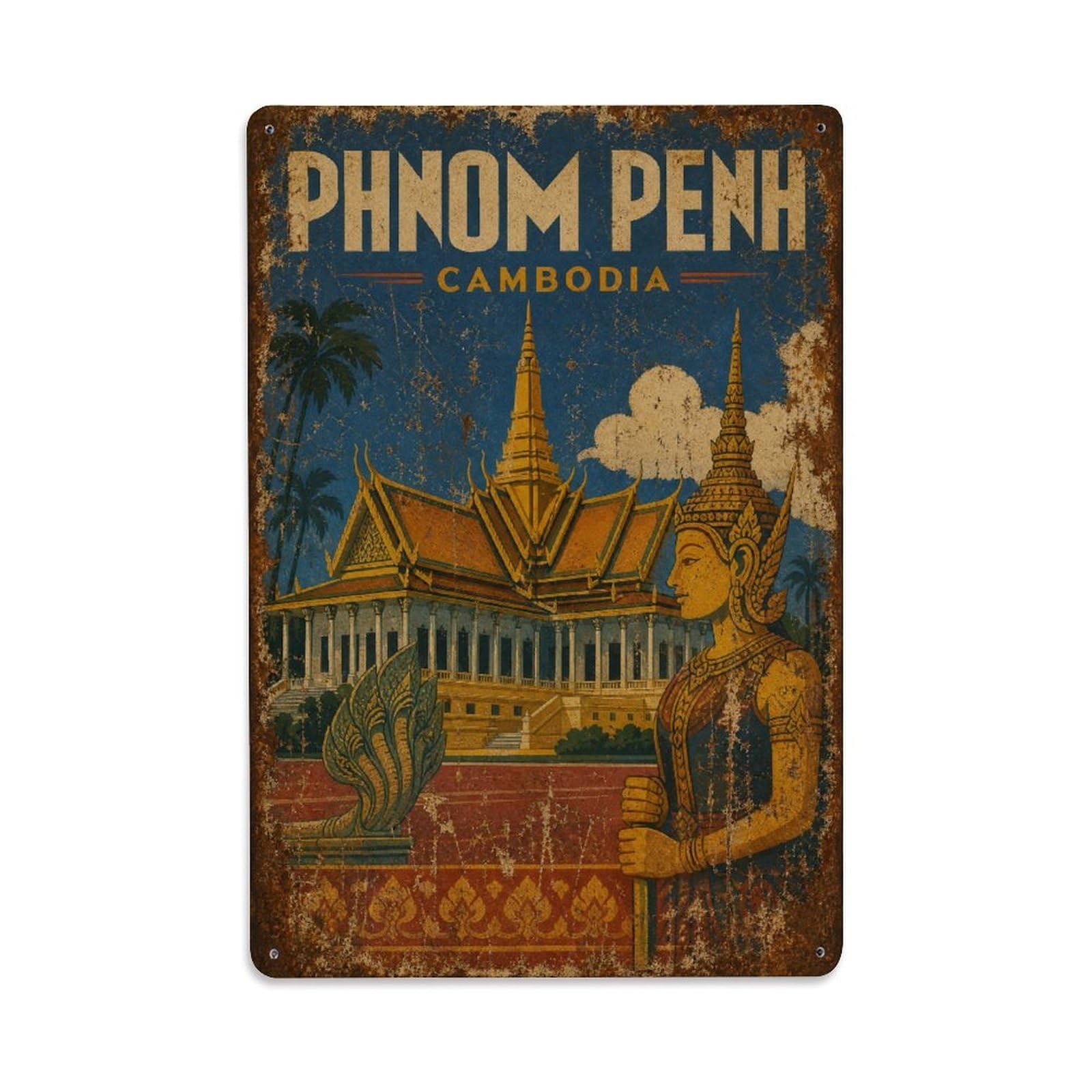 Metal Tin Sign Travel Vintage Cambodia Phnom Penh