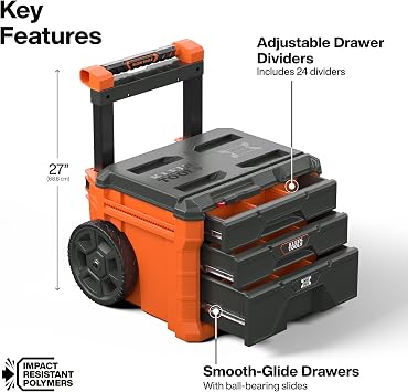 Klein Tools 54890MB MODbox 3 Drawer Rolling Tool Box Tool Storage Ball Bearing Drawer Slides with Dividers