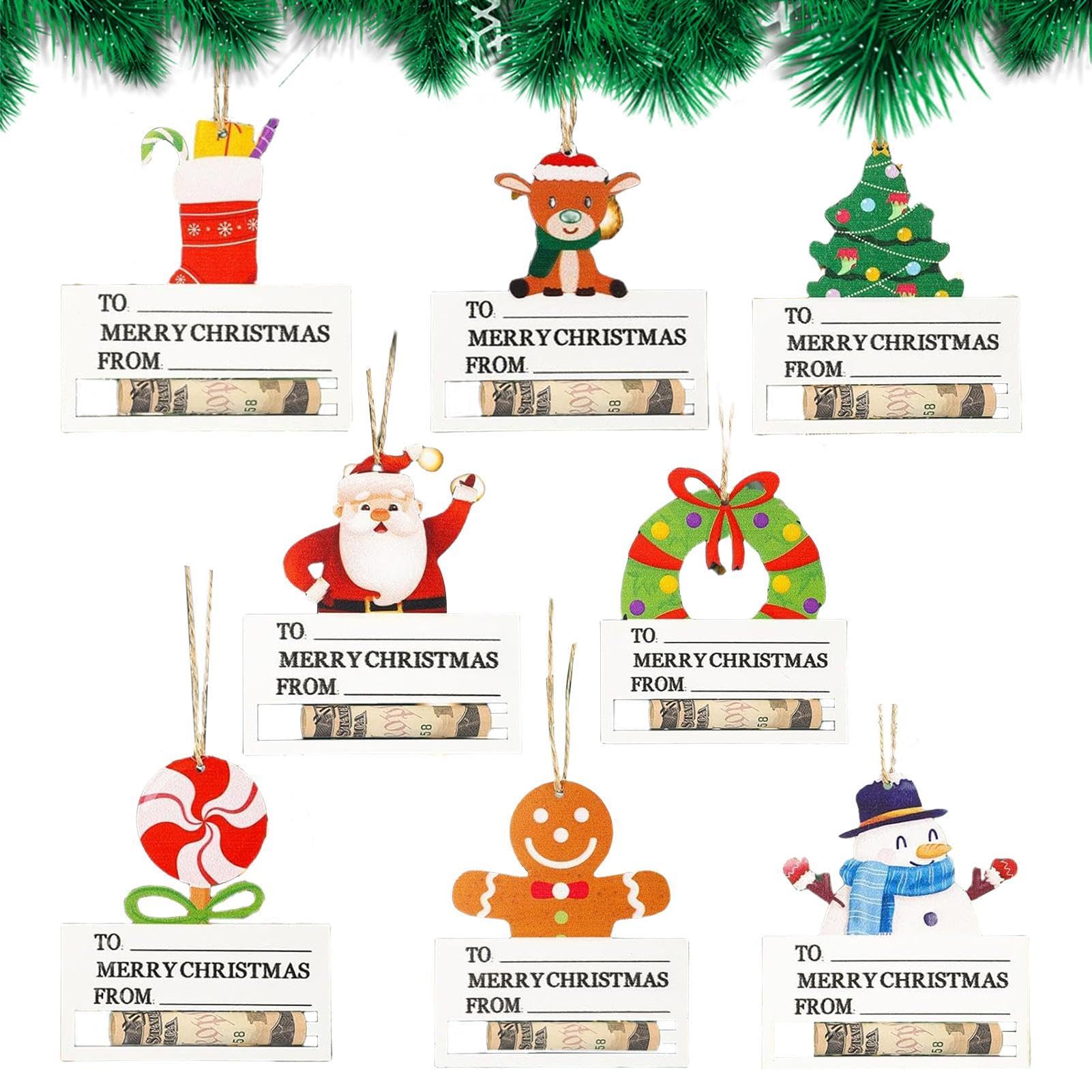 Porta dinero de Navidad para dinero en efectivo, 8 tarjetas de Navidad de madera, adornos de dinero para árbol de Navidad, tarjeta de dinero para dinero en efectivo