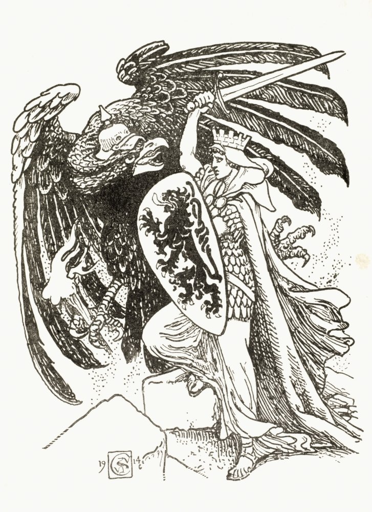 A Warrior With A Shield Emblazoned With A Lion From The Belgian Coat Of Arms Battles The German Eagle. After and Illustration By Walter Crane In King Albert_S Book, Published 1915 A Warrior With A