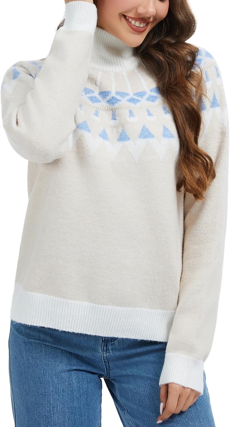 Womens Lightweight Vintage Fair Isle Sweater Long Sleeve Turtleneck Knitted Pullover Tops - Image 3