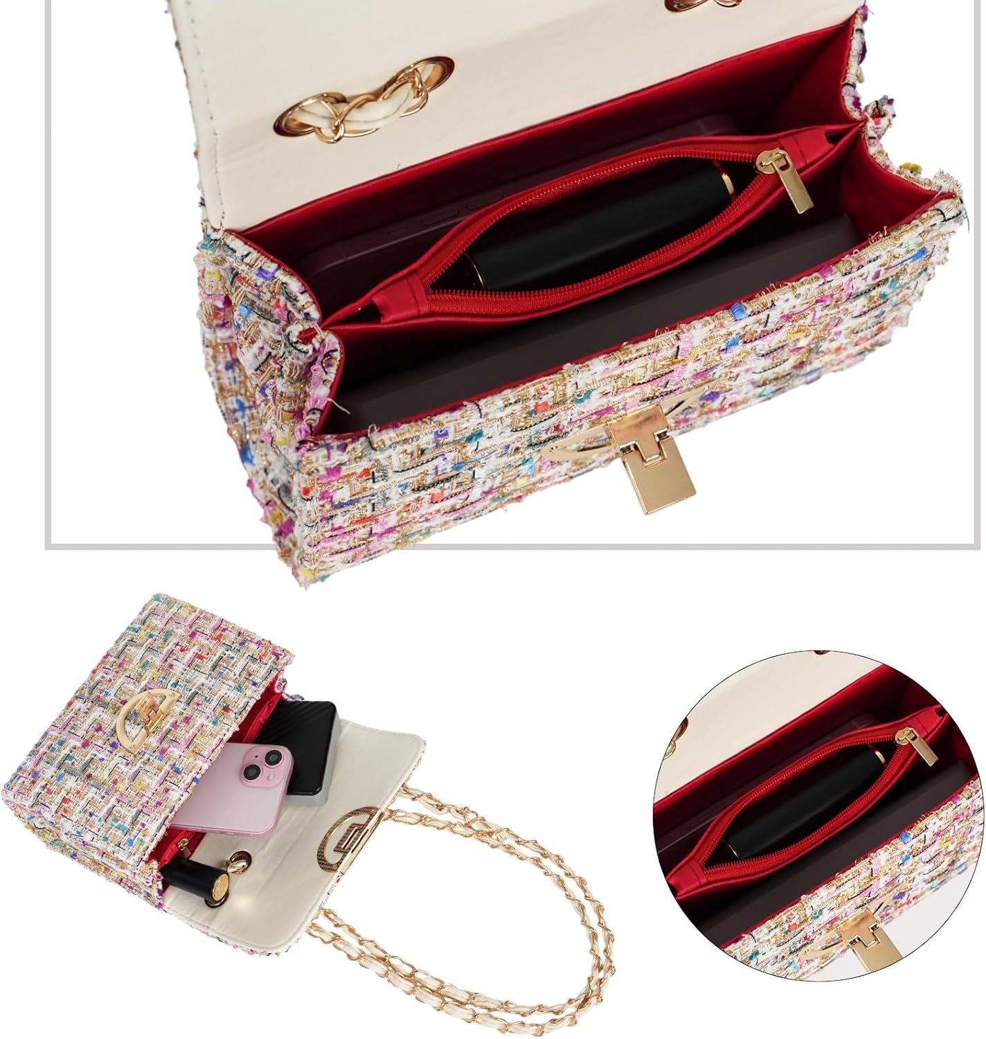 Crossbody Bags for Women Small Handbags Leather Shoulder Bag Tweed Purses Evening Bag Clutch Satchels with Chain Strap - Image 5