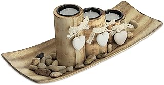 Relaxdays Tea Light Holder, 3 Candle Holders with Heart, Tray & Stones, Table Decoration Living Room & Dining Room, Candle Decoration, Brown