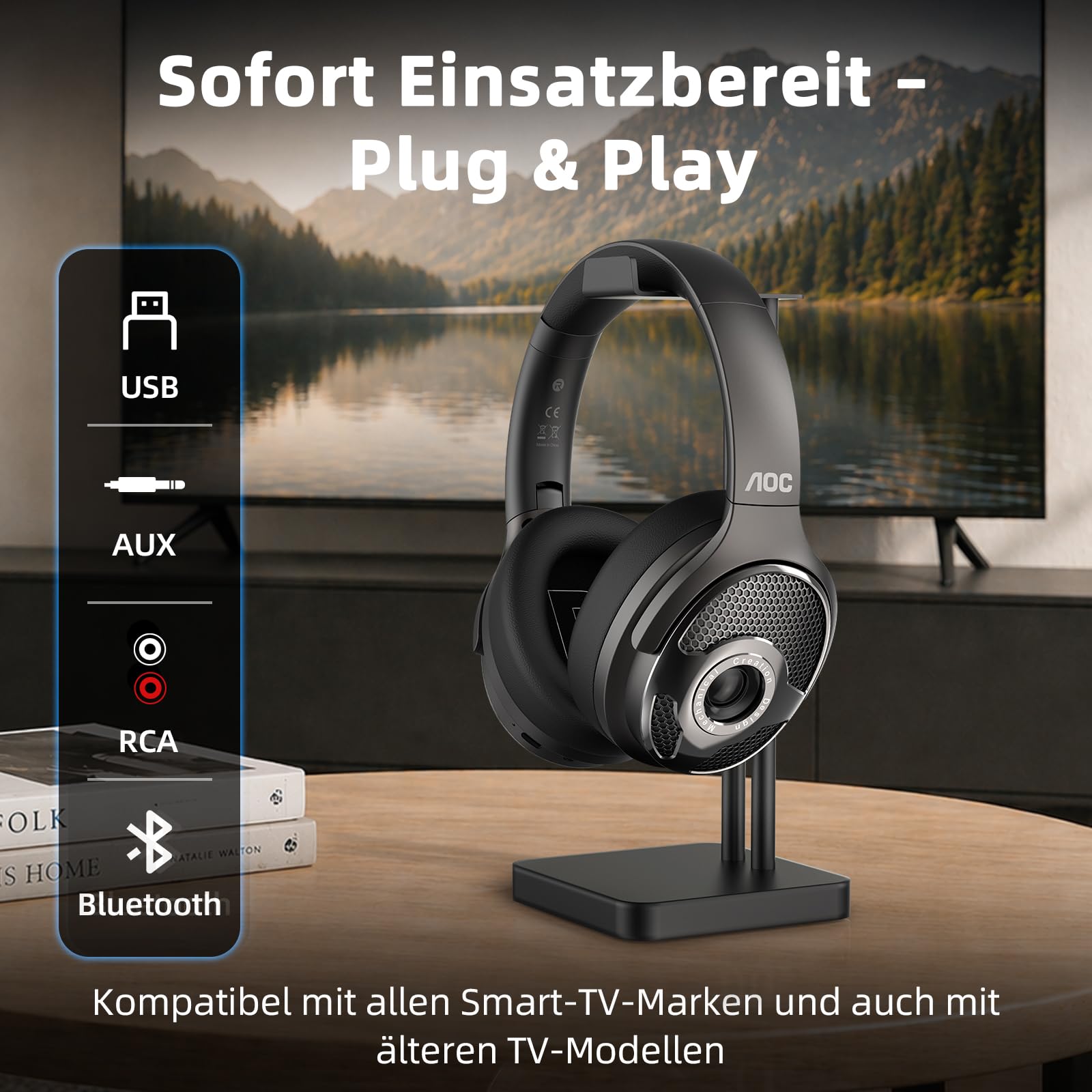 AOC Funkkopfhörer für Fernseher, Wireless TV Headphones mit 48 Std Akkulaufzeit, Keine Audioverzögerung, Blutooth-Kopfhörer, Plug-und-Play, Kabellose TV-Kopfhörer mit TV-Sender für Senioren, Schwarz