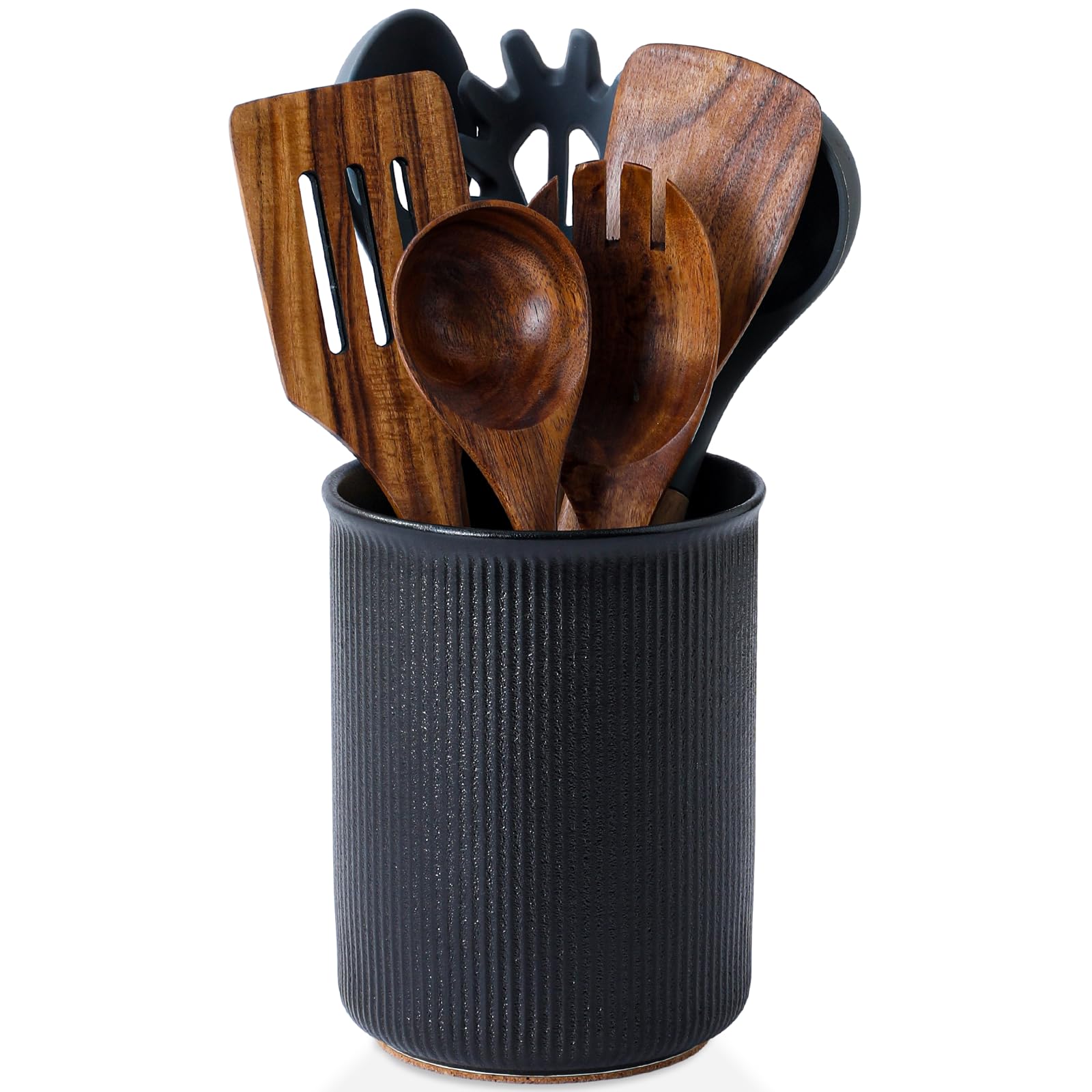 LoeJan Utensil Holder, Extra Large Utensil Crock, Stable Ceramic Utensil Organizer, Cooking Tool Organizer Set for Kitchen Counter Farmhouse Décor, Textured Black