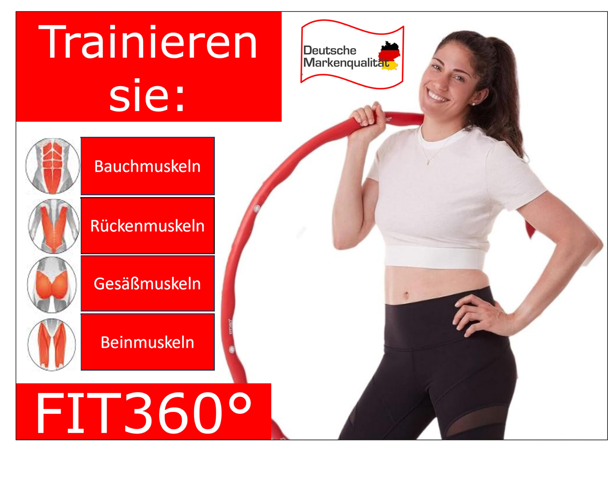 Produktbild von FIT360° Hula Hoop Reifen – 4 Verstellbare Größen Für Erwachsene & Kinder | Stabil, Inkl. E-Book Fitnessplan | Perfekt Zum Abnehmen & Für Anfänger