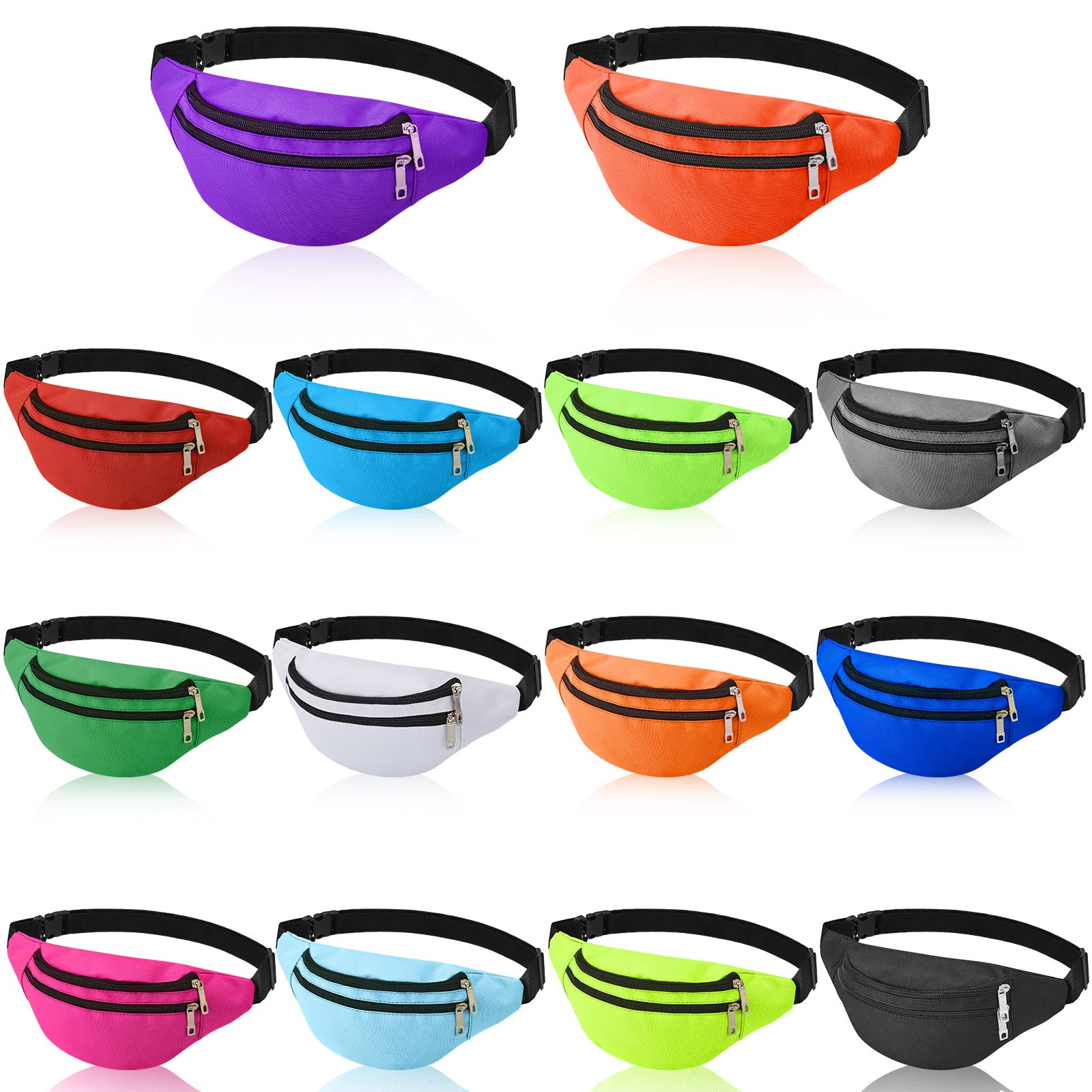 Lot de 14 grands sacs banane de sport légers réglables avec ceinture réglable et 2 fermetures éclair pour homme et femme, voyage, course à pied, téléphone, sport, Comme sur les photos.
