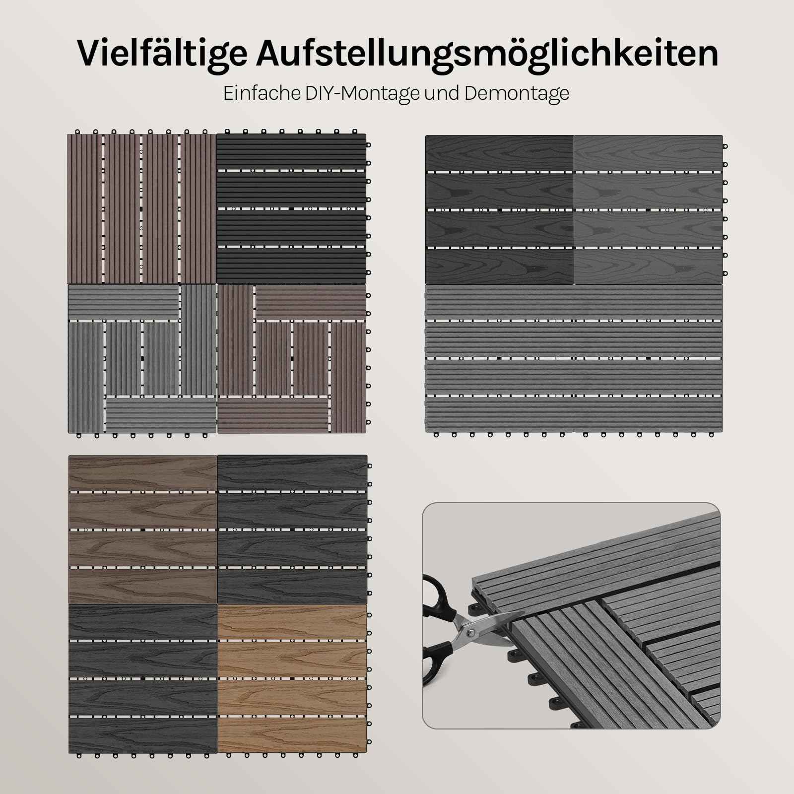 WOLTU WPC Terrassenfliesen Holzoptik, Hellgrau (22 Stück / 2 m²) | Premium WPC ohne Verwitterung, rutschhemmend, Klickverbindung ohne Werkzeug, für Garten und Terrasse nutzbar, langlebig