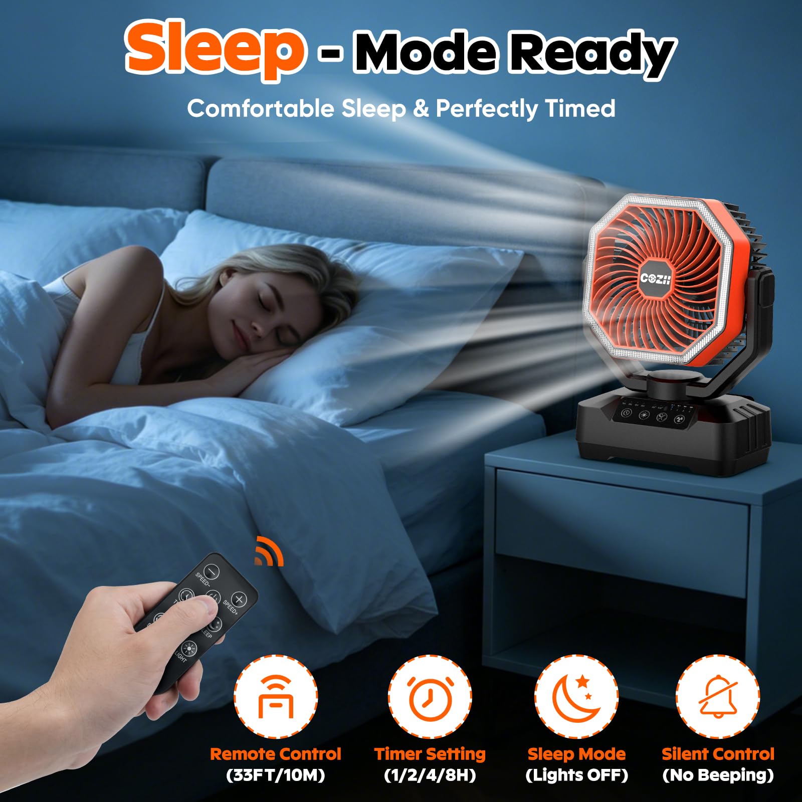 COZII Camping Ventilator 20000mAh USB Akku Tischventilator Oszillierend LED Licht Fernbedienung Haken Tragbar Leise