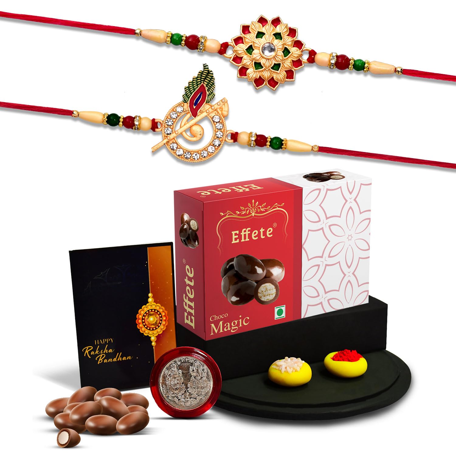 DeoDap Chocolate with Rakhi Combo for Brother – Multicolored Beads Rakhi (2 Pc) with Silver Color Pooja Coin & Greeting Card, Choco Magic (32 Gm), Traditional Raksha Bandhan Celebration Combo for Bhai