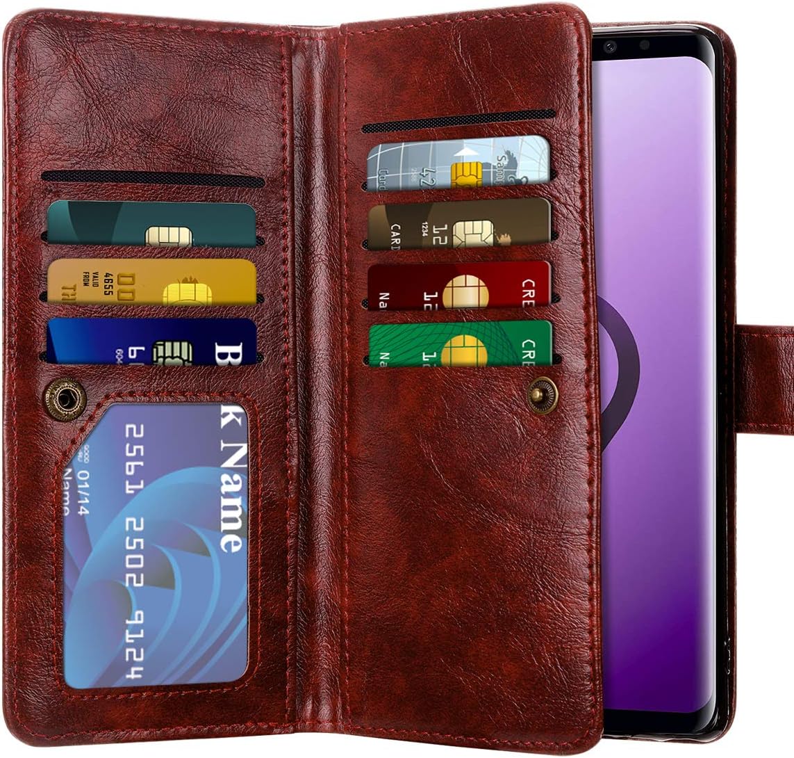 Vofolen 2-in-1 Case for Galaxy S9 Case Wallet Credit Card Holder ID Slot Detachable Strap Hybrid Protective Slim Hard Shell Magnetic PU Leather Folio Pocket Flip Cover Case for Galaxy S9 Mandala Red