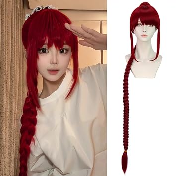 BESTBEL 45 inch Long Red Braided Wig with Bangs for Women Red Cosplay Wig
