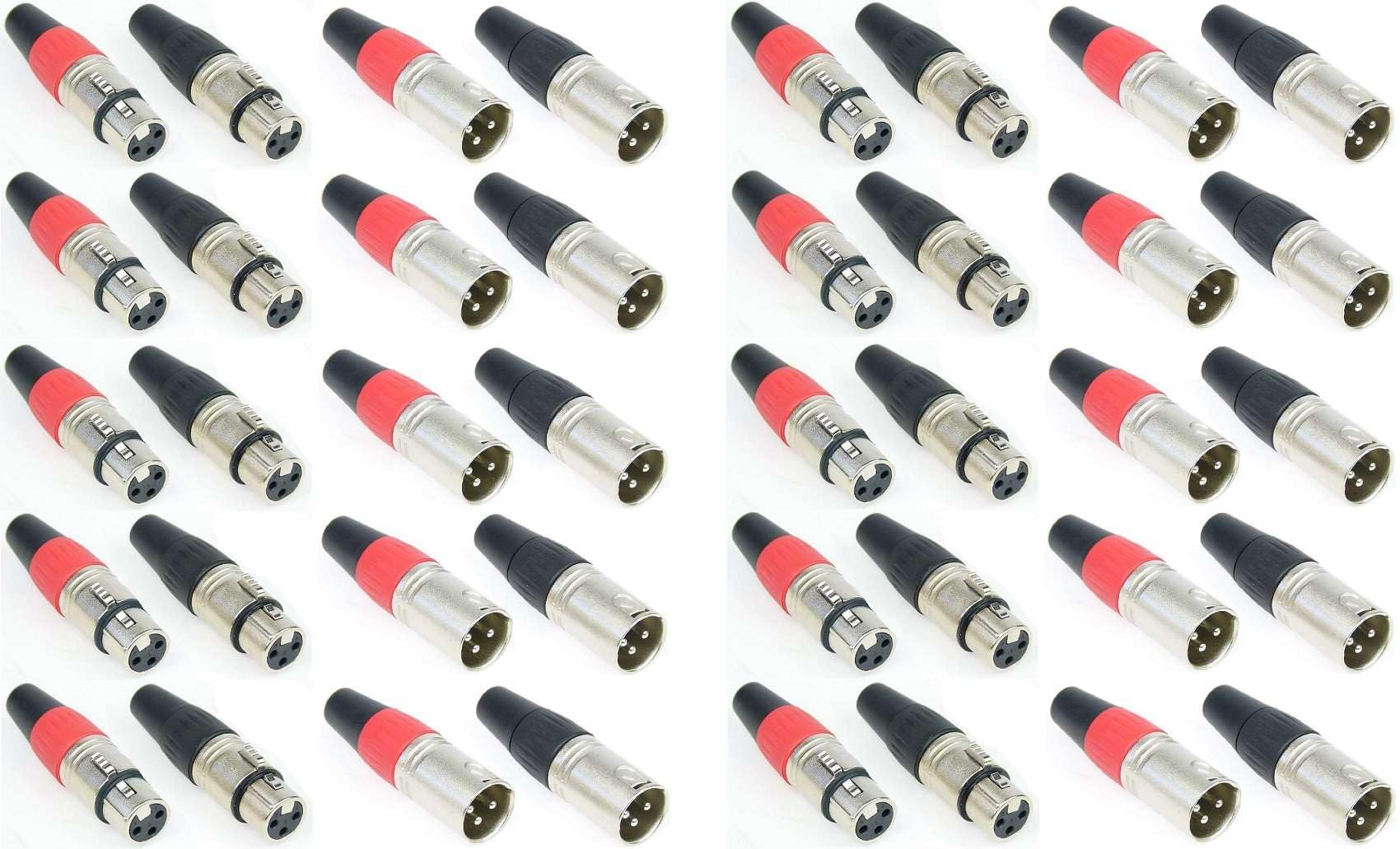 Adam Hall 10 SETs Connectors XLR 3 pol Mikrofon Kabel Stecker male + Kupplung female in ROT + SCHWARZ, versilbert 3 Star Serie