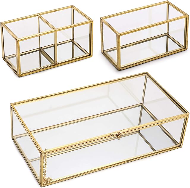 SUMTREE Gold Glass Desktop Storage Box Jewelry Box Makeup three glass Organizer rectangular StorageContainers with Lid