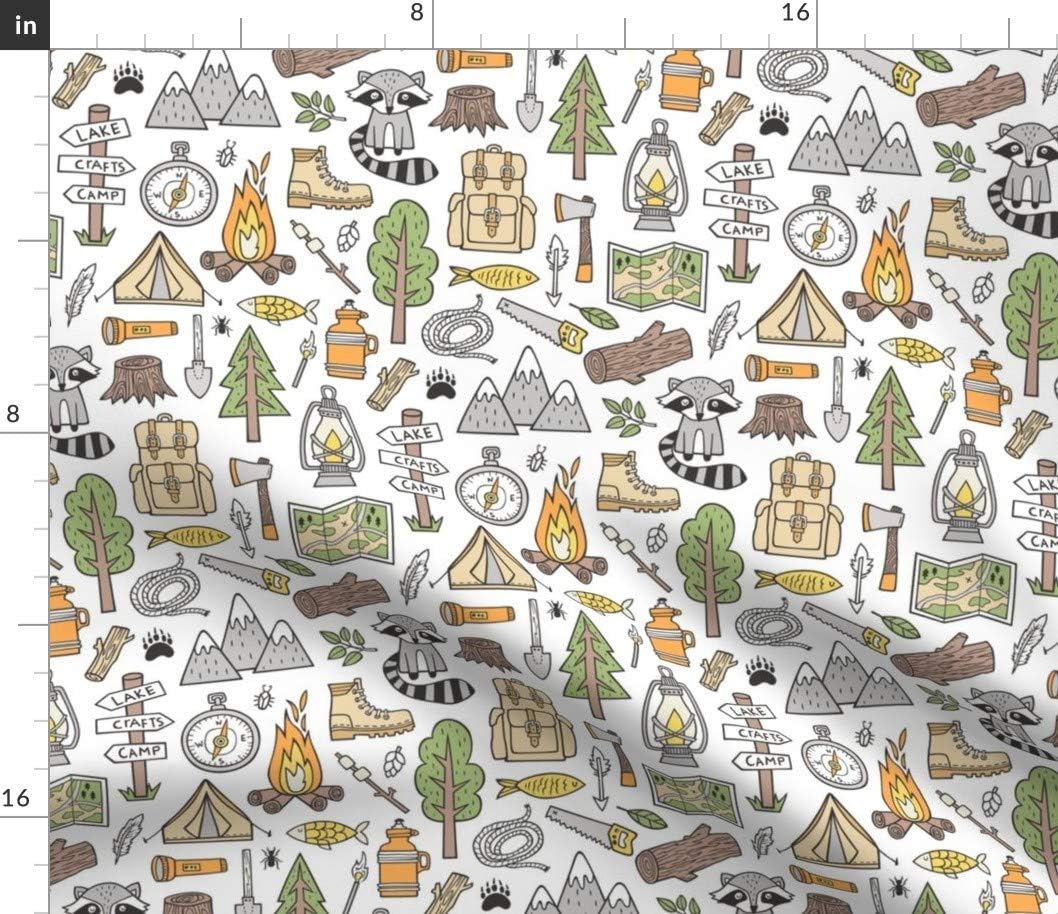 Spoonflower Fabric - Outdoors Camping Woodland Doodle Campfire Mountains Trees Logs White Printed on Petal Signature Cotton Fabric by The Yard - Sewing Quilting Apparel Crafts Decor