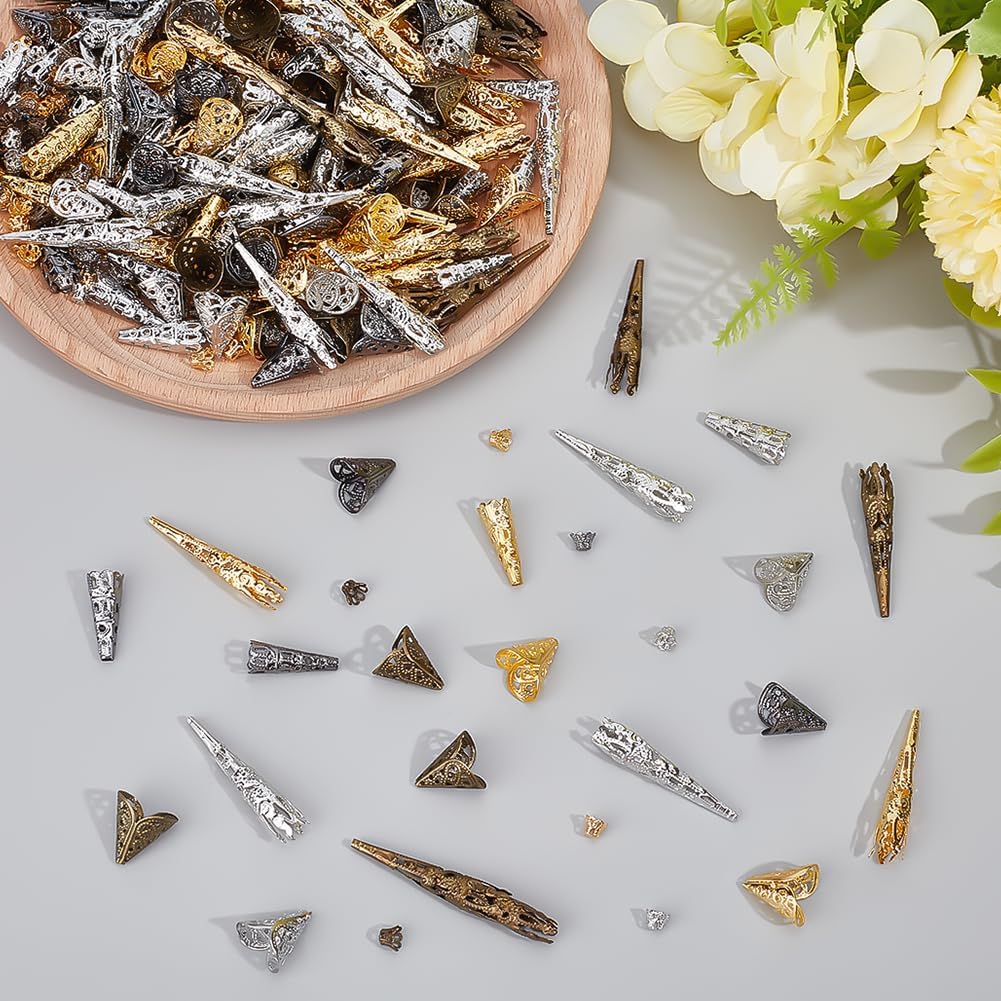 CRAFTYMELODY 520 Pcs Long Flower Bead Caps 14 Styles Iron Cones Filigree Bead End Caps Hollow Tibetan Spacer Bead Bulk for Bracelet Necklace Earrings Jewelry Making DIY Craft Supplies