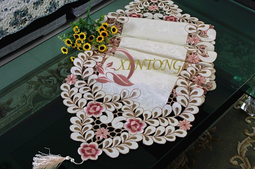 FashionMall Classic European Style Embroidery Dining Table Runners Tassel Floral Lace (16*60 Inch(40*150CM), Pink Flowers)