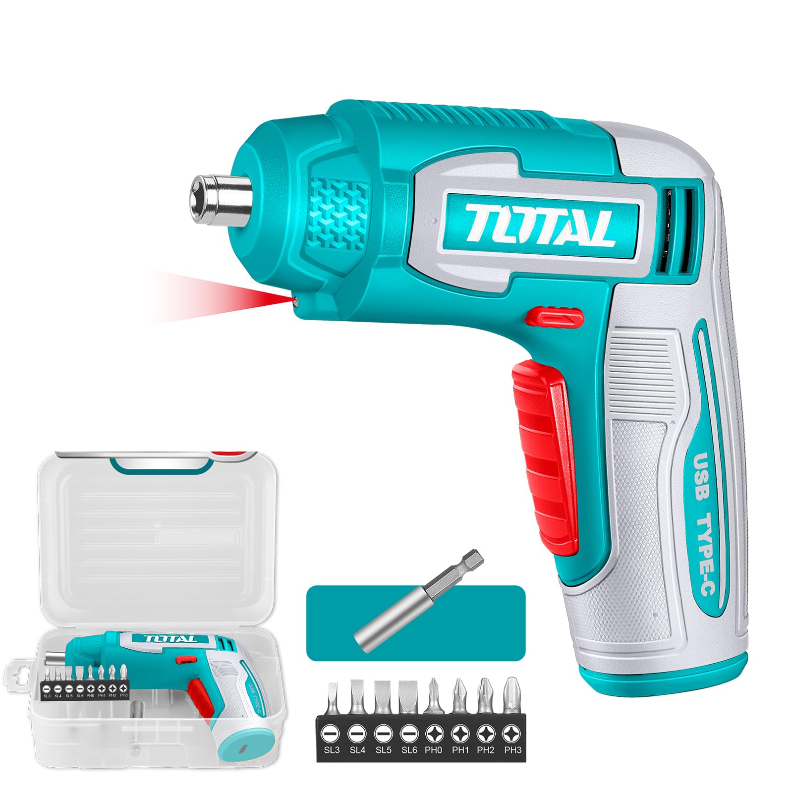 TOTAL 4V Cordless Screwdriver, 4Nm Torque, 240RPM, 8 Cr-V Bits | Integrated LED Work Light, 1/4 Inch Hex Shank, Type-C Charging, Bit Holder, Connector and Carrying Case-picture-22