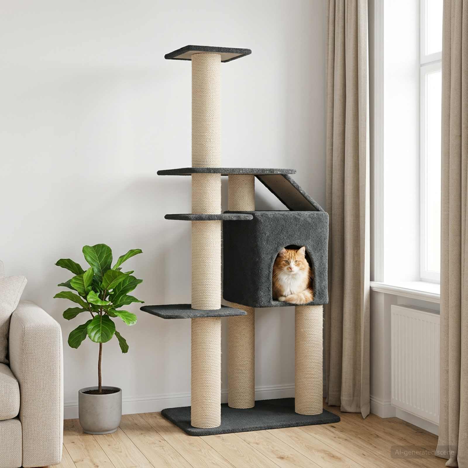 Katzennbaum mit Sisal Kratzsäulen, Dunkelgrau, 183 cm, mehrstöckiger Kletterbaum mit Höhle, Hängematte, Plüsch, Kratzstamm, Plattform, Indoor Kratzmöbel für Wohnzimmer und Katzenpflege