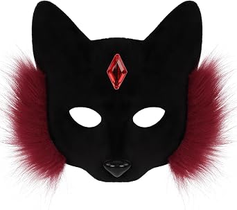 Clobeau Halloween Cat Therian Mask Wolf Therian Costume Animal Masquerade Cosplay Party Faux Fur Half Face Eye Masks