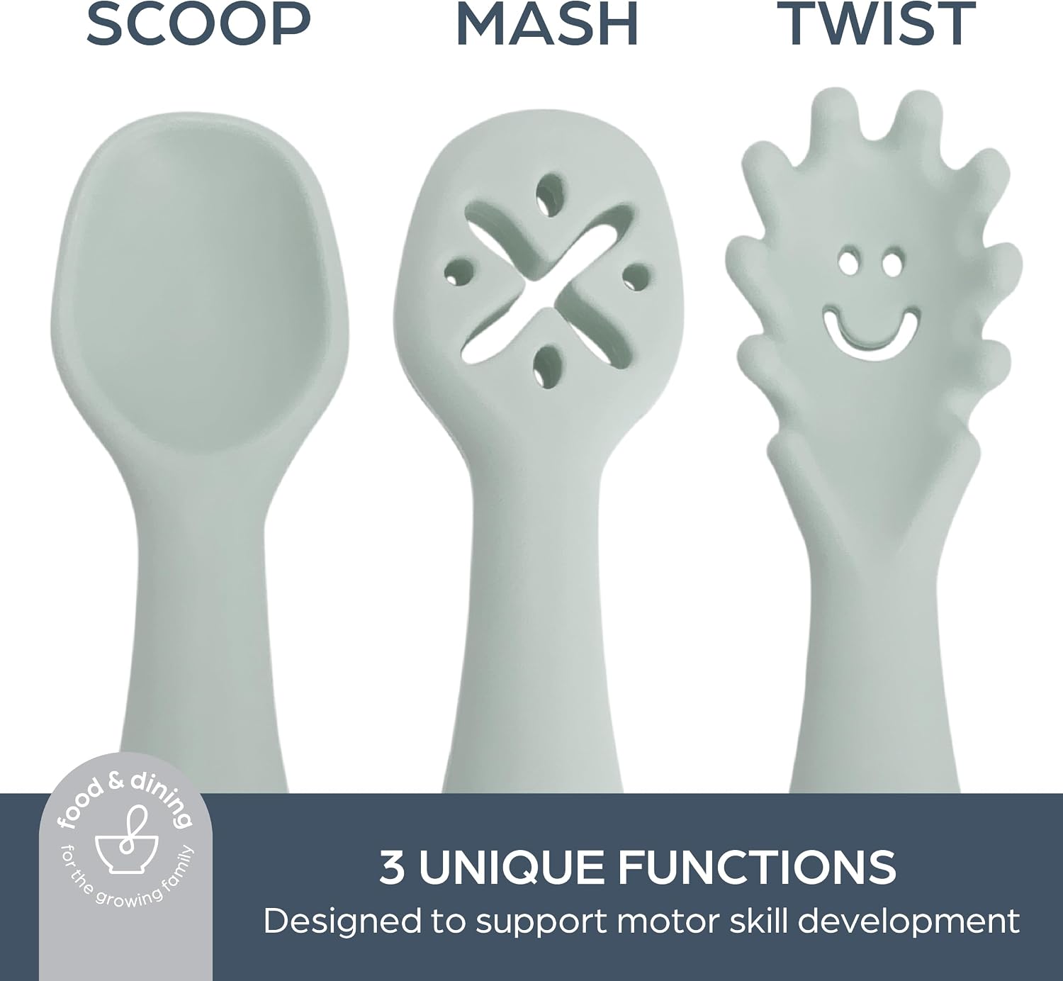 Dreambaby Scoop Mash and Twist Silicone Baby Spoon Set - 3 Stage Toddler Utensils for Baby Led Weaning - Soft Bite Training Spoons, Seafoam
