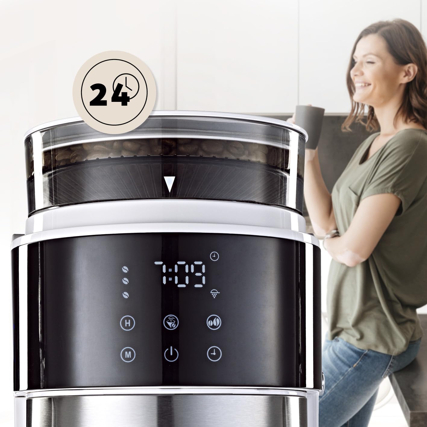 Barista Machine à café blanche avec écran tactile digital 800W + broyeur intégré et carafe isotherme | Cafetière filtre avec moulin à café et verseuse thermique