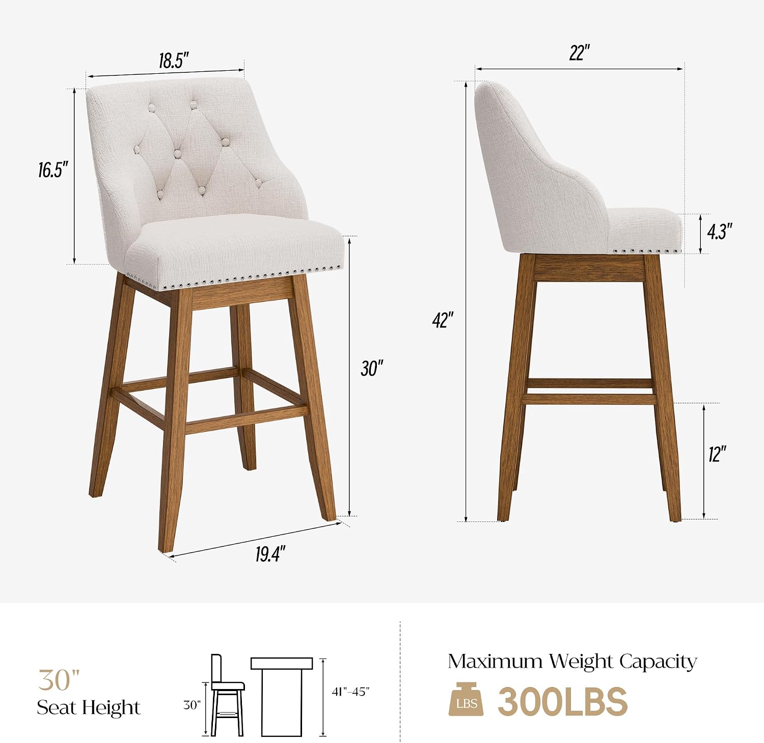 Betterhood 30" Swivel Bar Stools Set of 2, Modern Bar Stools with Upholstered Tufted Backs, Solid Wood Legs and Footrests (Beige, 30" - Set of 2)