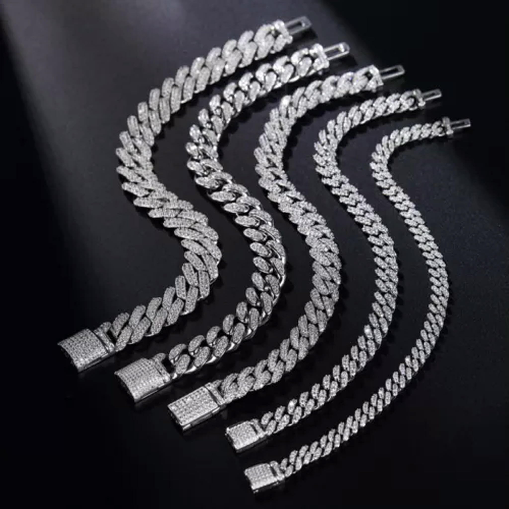 Pulsera de Plata 925 con Cadena Cubana de moissanita y eslabones cubanos de Miami de 6 mm a 14 mm