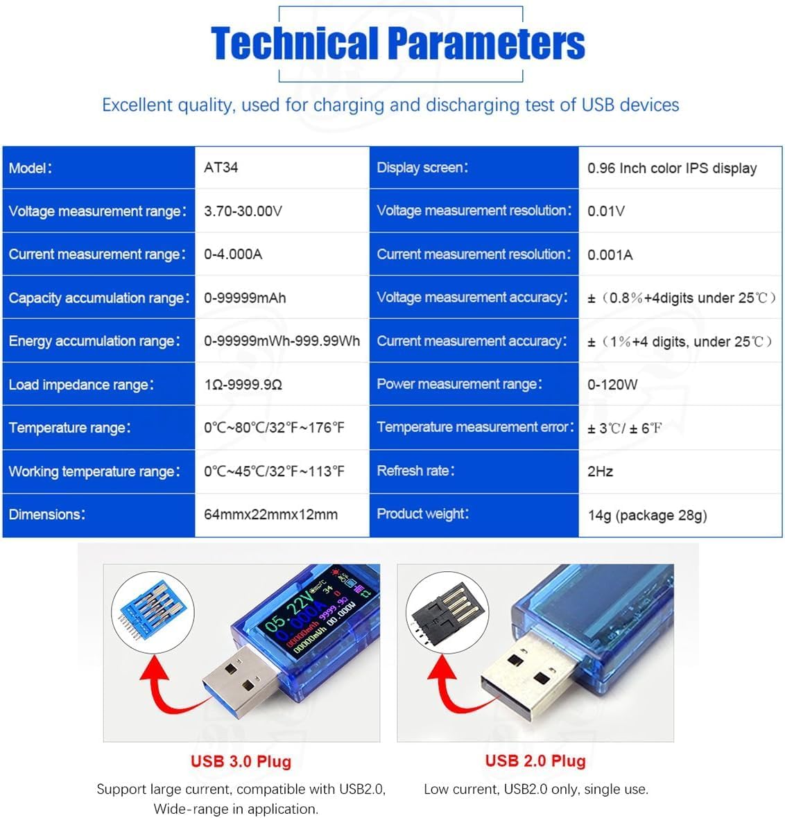 MakerHawk USB 3.0 Tester USB Power Meter 3.7-30V 0-4A Voltage Tester Multimeter USB Current Meter IPS Color Display Voltmeter Ammeter Charger Tester AT34