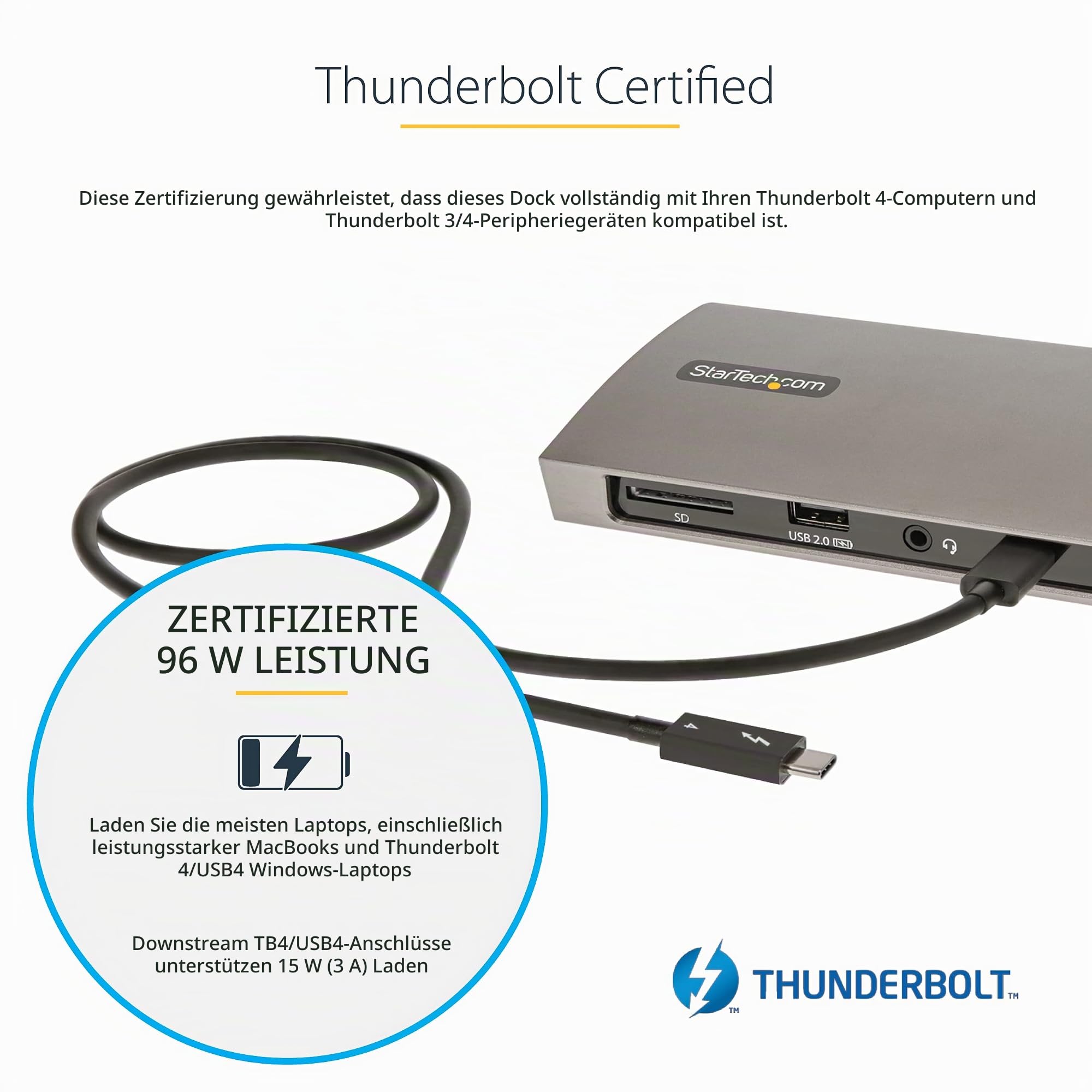StarTech USB-C Thunderbolt 4 Dockingstation, MacBook, Dual 4K 60Hz, 8K, 96W | 3x TB4/USB4-Ports, 4x USB-A, SD-Kartenleser, Treiberlos, GbE, Windows, macOS, 0,8-m-Kabel