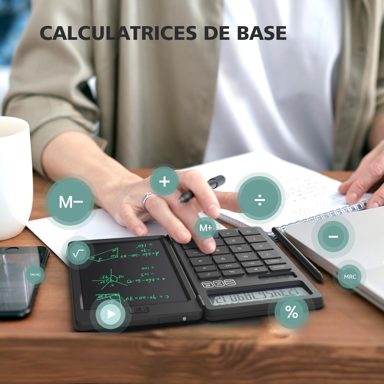 NEWYES Calculatrice avec Tablette d'Écriture, Portable pour Élèves Primaire et Collège, Noir