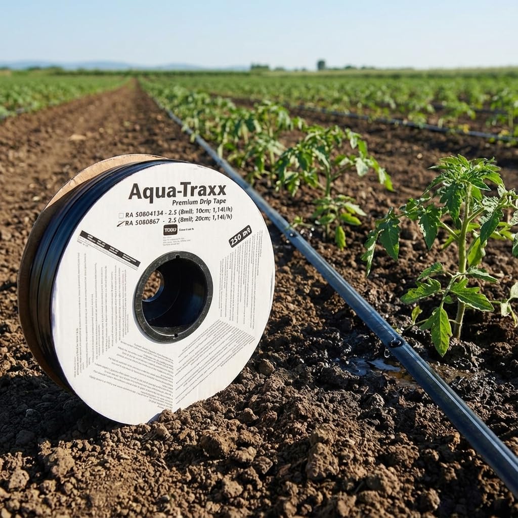 Cinta de RIEGO POR GOTEO 16mm 250 metros. GOTEROS CADA 20 cm. Tuberia plana con caudal 1,16 litros por hora, negro