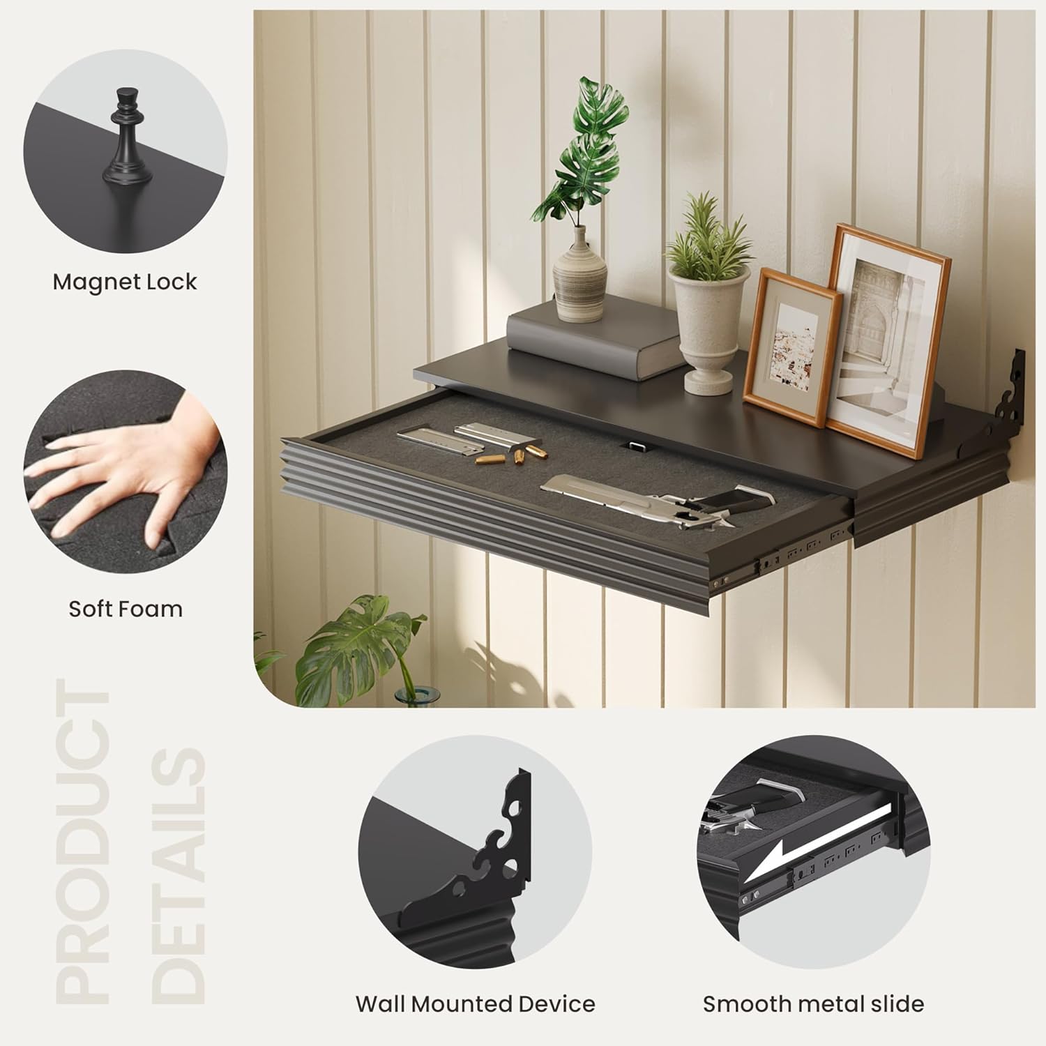 Compact Gun Shelf with Hidden Gun Drawer, Floating Wall Mount Gun Rack with Magnetic Lock for Home Decor,Solid Wood Concealment Shelf for Secure Storage