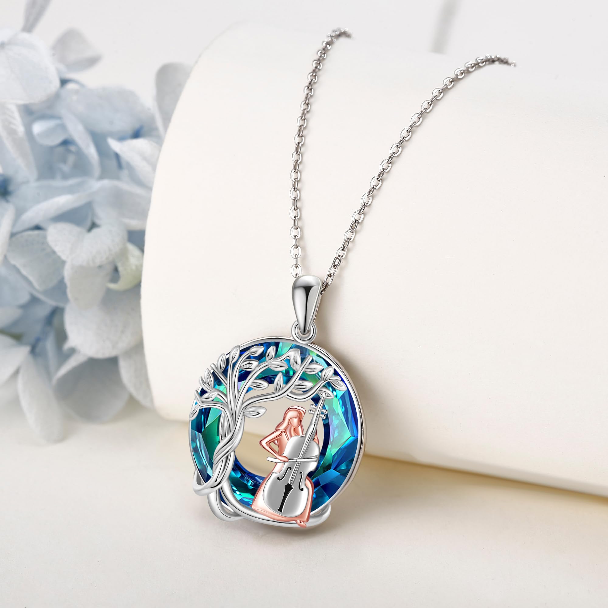 DAYLINLOVE Collar de violonchelo de plata de ley 925 con diseño de árboles de la vida, joyería de cristal de violonchelo, regalos de graduación para mujeres amantes del violonchelo, Plata esterlina