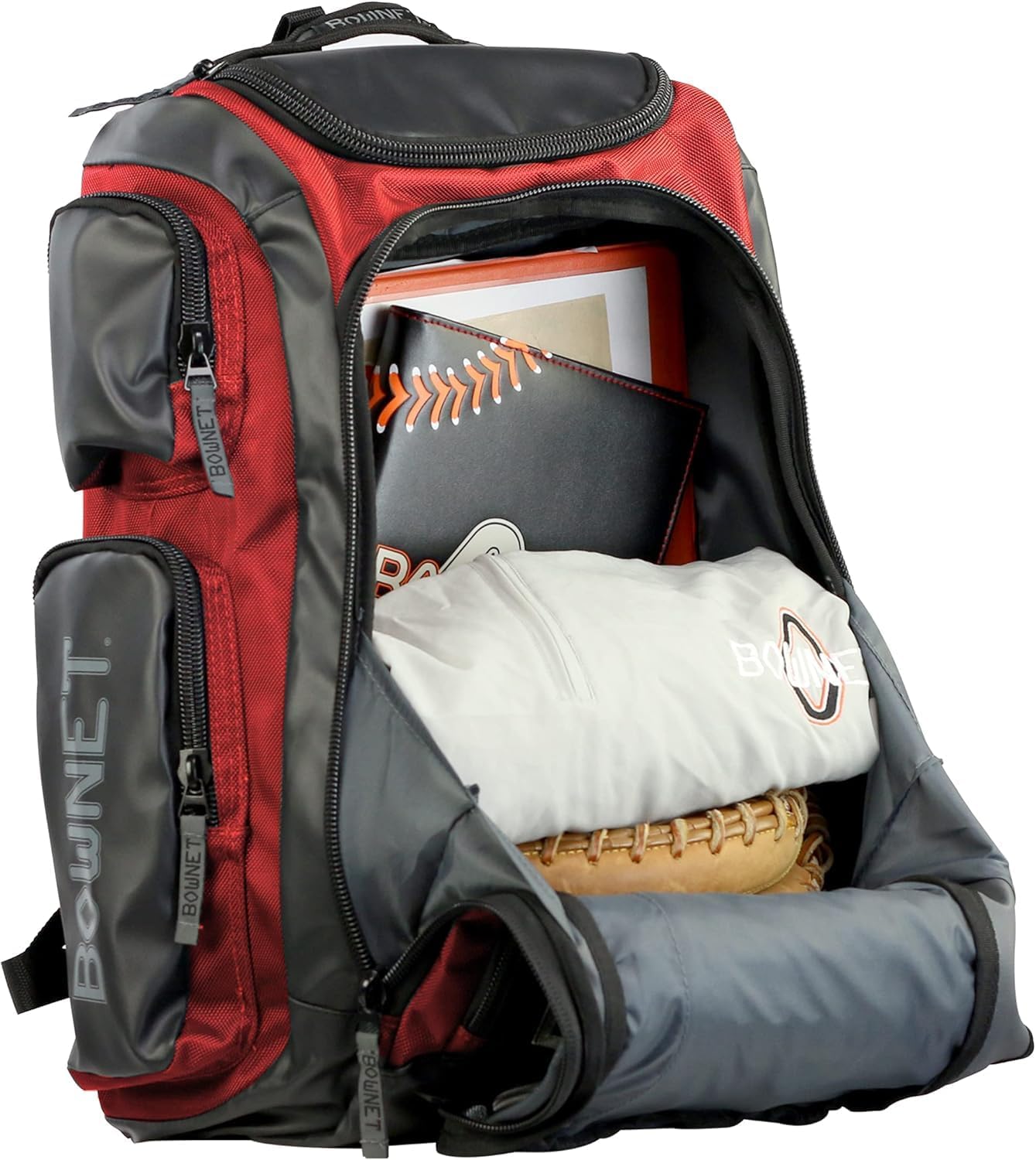Bownet Commando Coaches Bat Bag – Baseball & Softball Backpack with Fungo Holder, 15.5” Laptop & Tablet Pocket, Large Gear Storage, Padded Straps, Youth & Adult, Scarlet