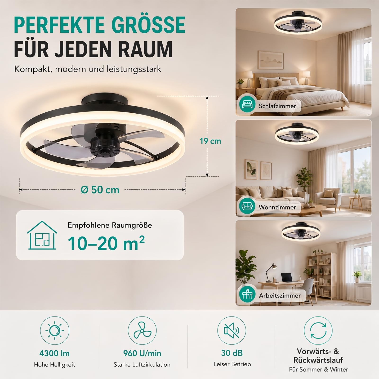 Deckenventilator mit Licht 50cm LED Dimmbar 3000K-6000K Fernbedienung App-Steuerung Flüsterleise 30dB Schlafzimmer Wohnzimmer Schwarz