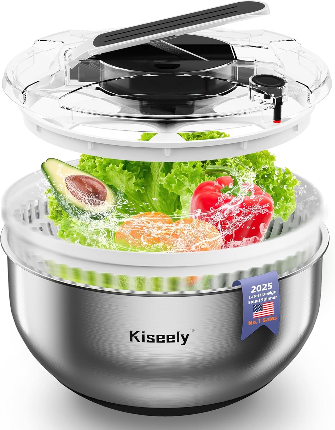 Stainless Steel Salad Spinner, Easy Press Large Vegetable Dryer Washer, 4.2Qt Fruit Washer with 304 Stainless Steel Bowl for Lettuce, Vegetable, Herbs, Berries (BP4)
