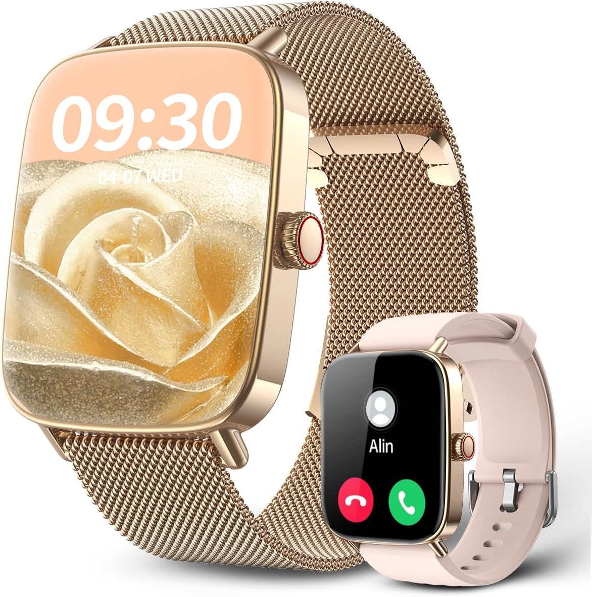 Smartwatch Relógio Inteligente, Tela HD de 1,85" Relógio Fitness, 120 Esportes, Frequência Cardíaca e Monitoramento do Sono, IP68 à rova d'água, Compatível com Android iOS, 2 Pulseiras, Dourado