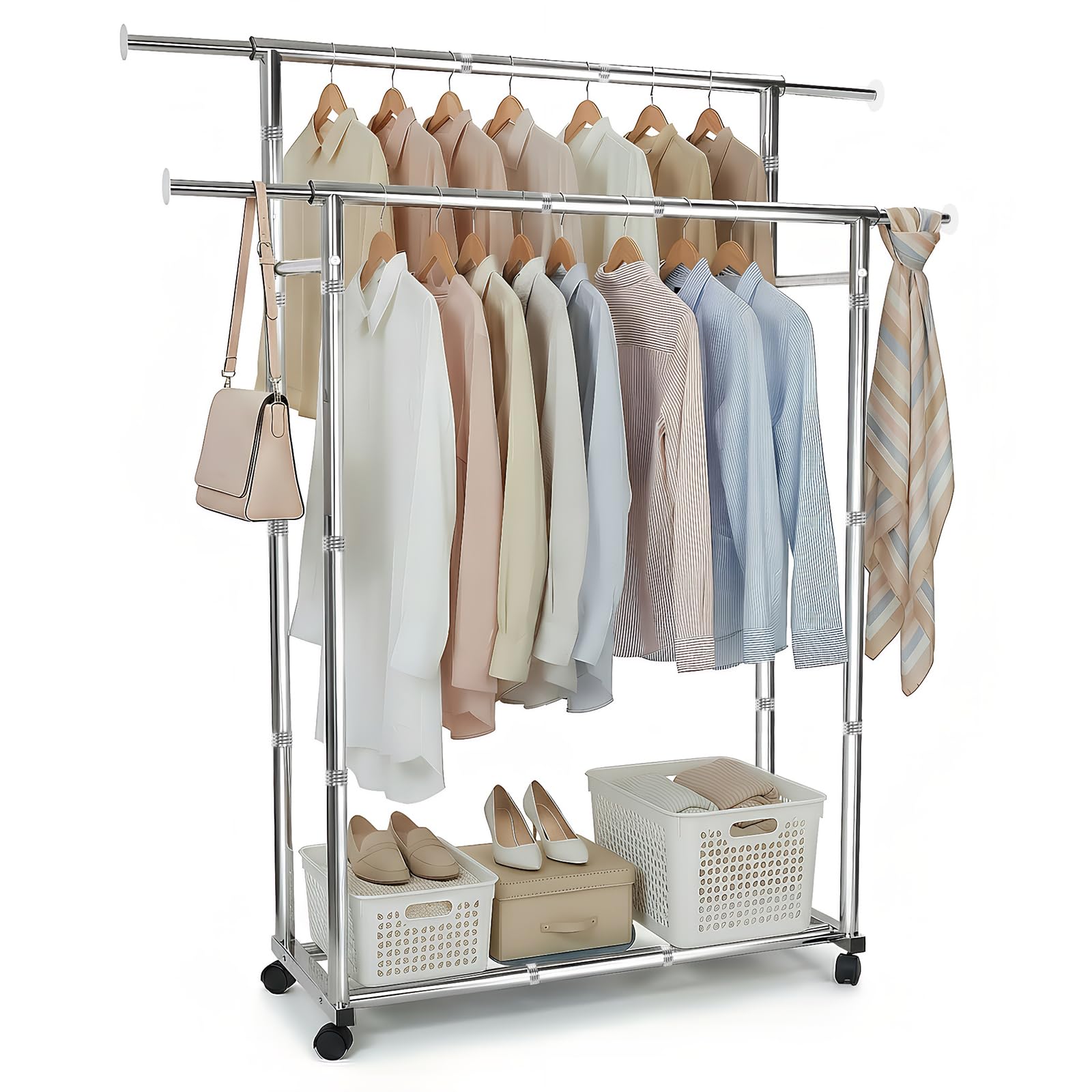 Perchero de acero inoxidable móvil extensible ajustable, doble barra de metal con estante de almacenamiento, barra de ropa para dormitorio, color plateado, 165 x 40 x (104-149) cm