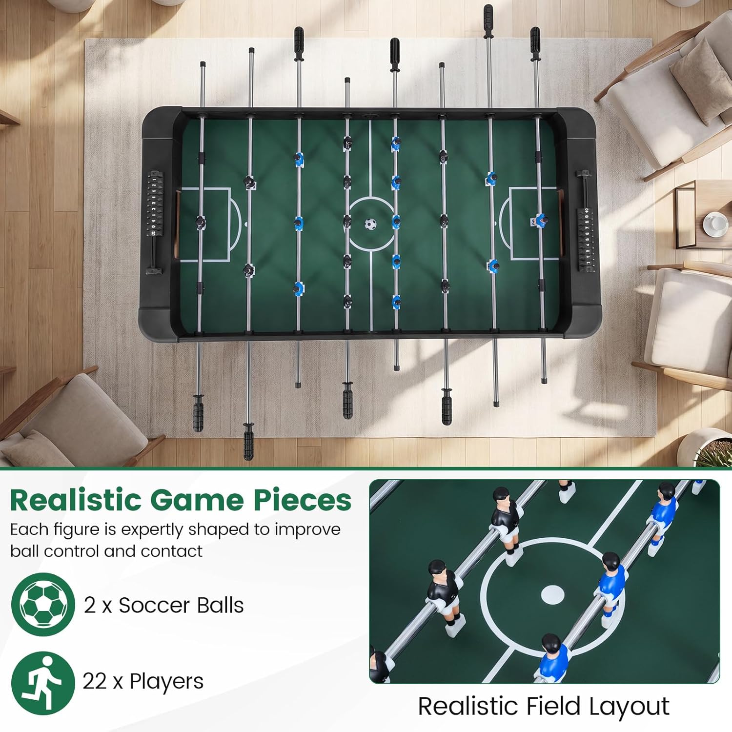 Goplus Foosball Table, 47" Competition Full Size Soccer Game Table with 22 Players, 2 Balls, Home Arcade Football Table Set for Adults, Family Nights, Game Rooms, Parties