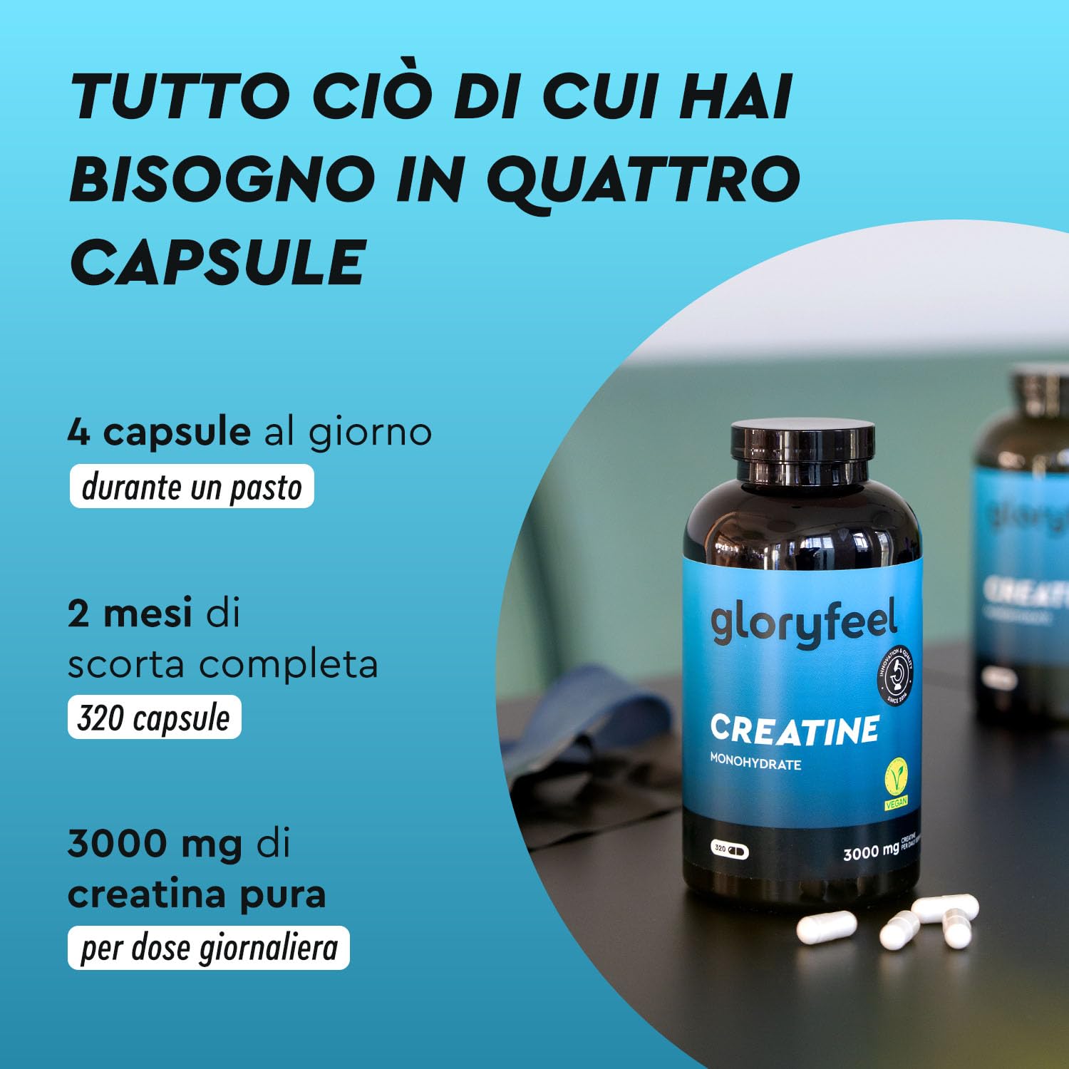 Creatina Monoidrata, 320 Capsule, 3000 mg di Creatina Pura per Dose, Amminoacido per Migliorare le Prestazioni Fisiche in Palestra*, Supporto Durante e Pre Workout, Vegana e Senza OGM