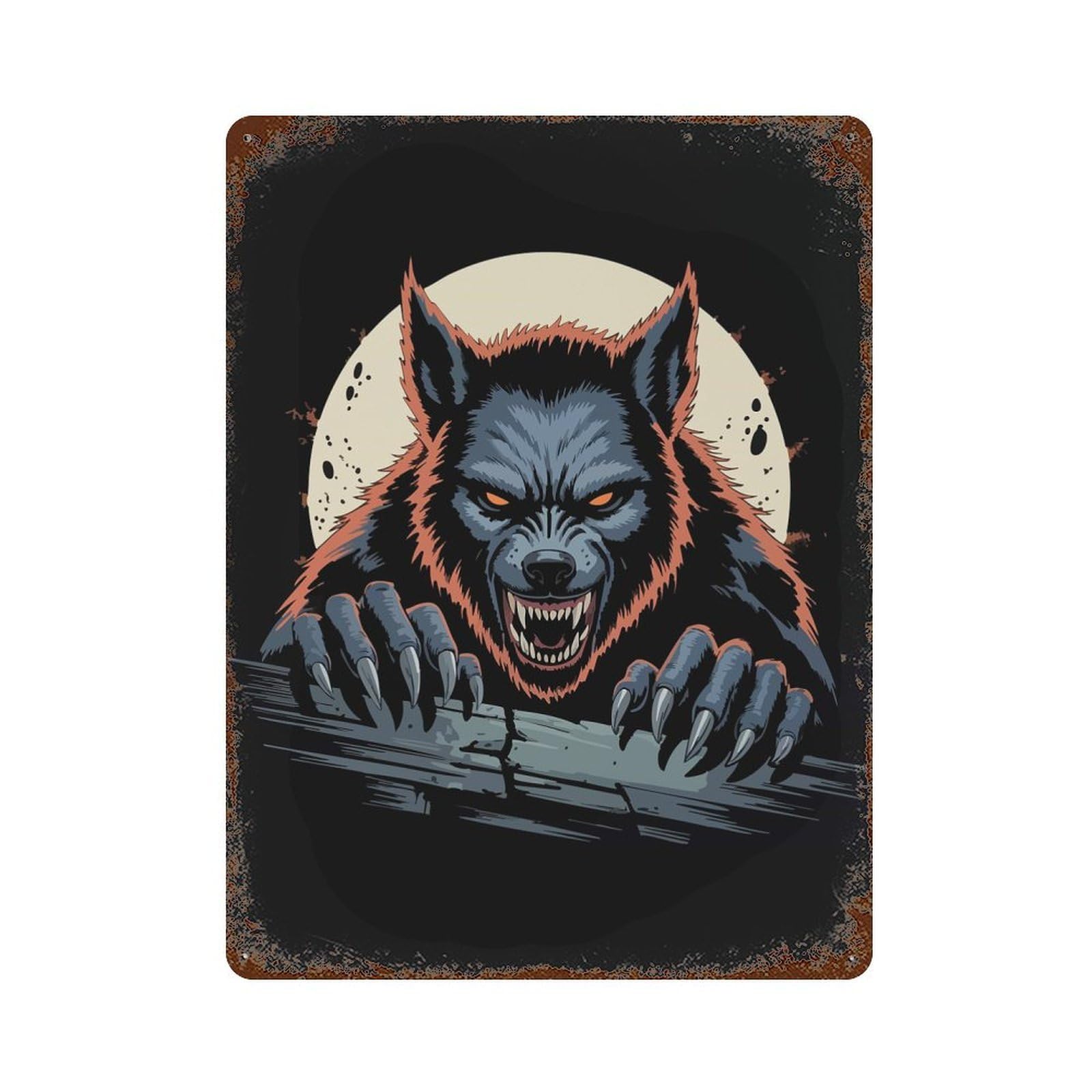 Werewolf Illustration with Moon Background 15.7"x11.8" Rust Effect Tin Sign, Vintage Wall Decor for Farmhouse, Kitchen And Entryway Decor