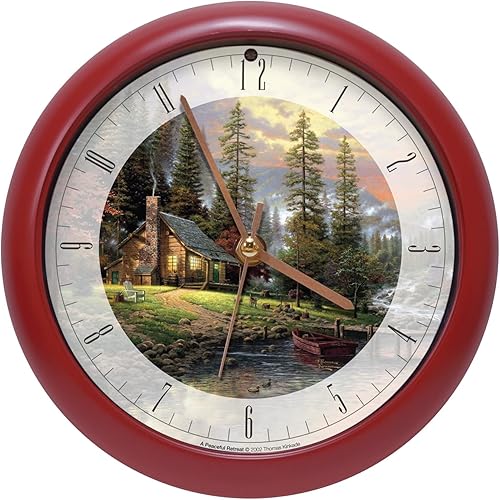 Mark Feldstein & Associates Thomas Kinkade Peaceful Retreat Meditative Nature - Reloj de sonido, 8 pulgadas, color rojo, para pared o escritorio