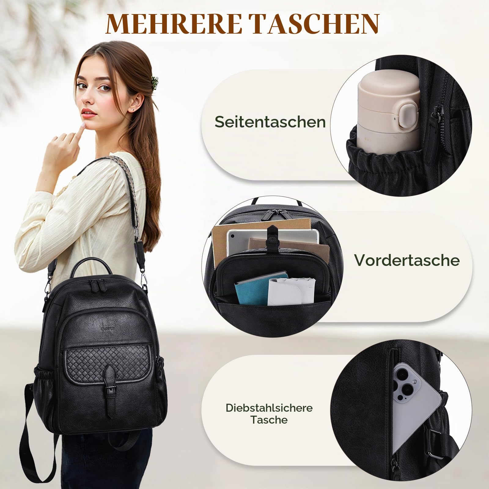 RAVUO Damen Rucksack,Anti Diebstahl Rucksack 2 in 1 Rucksacktasche PU Leder Schultertasche Elegant Cityrucksack Kleine für Reisen,Arbeit,Schule,Schwarz