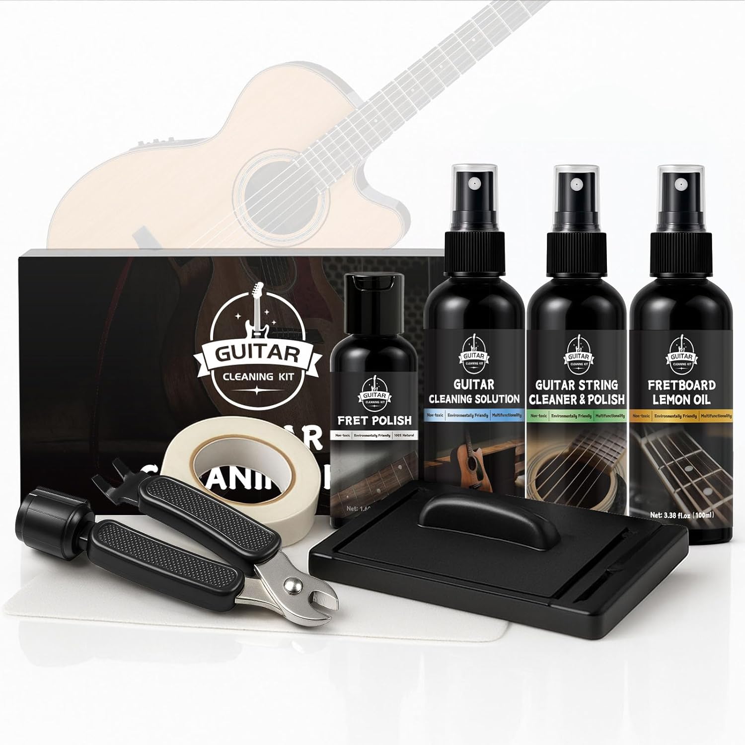 9Pcs Guitar Cleaning Kit, Guitar Maintenance Kit Includes Fret Polish, Cleaning Solution, Fretboard Lemon Oil, String Cleaning & Polish, String Cleaner, String Tuner, Masking Tape, 2 Cloth