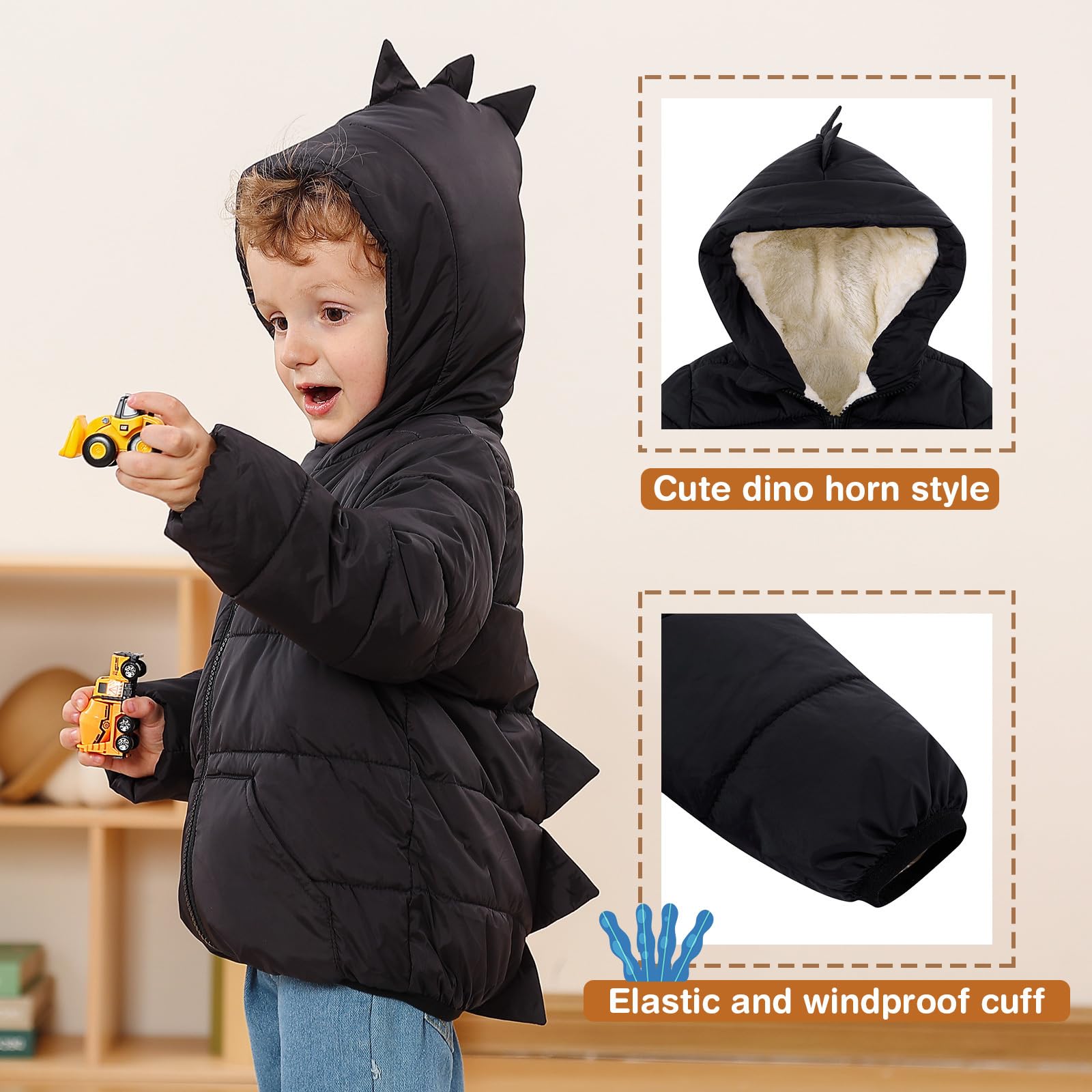 Kids4ever Giubbotto invernale con cappuccio a forma di dinosauro, per neonati, con fodera in pile artico termico, cerniera, due tasche, 6 mesi-5 anni