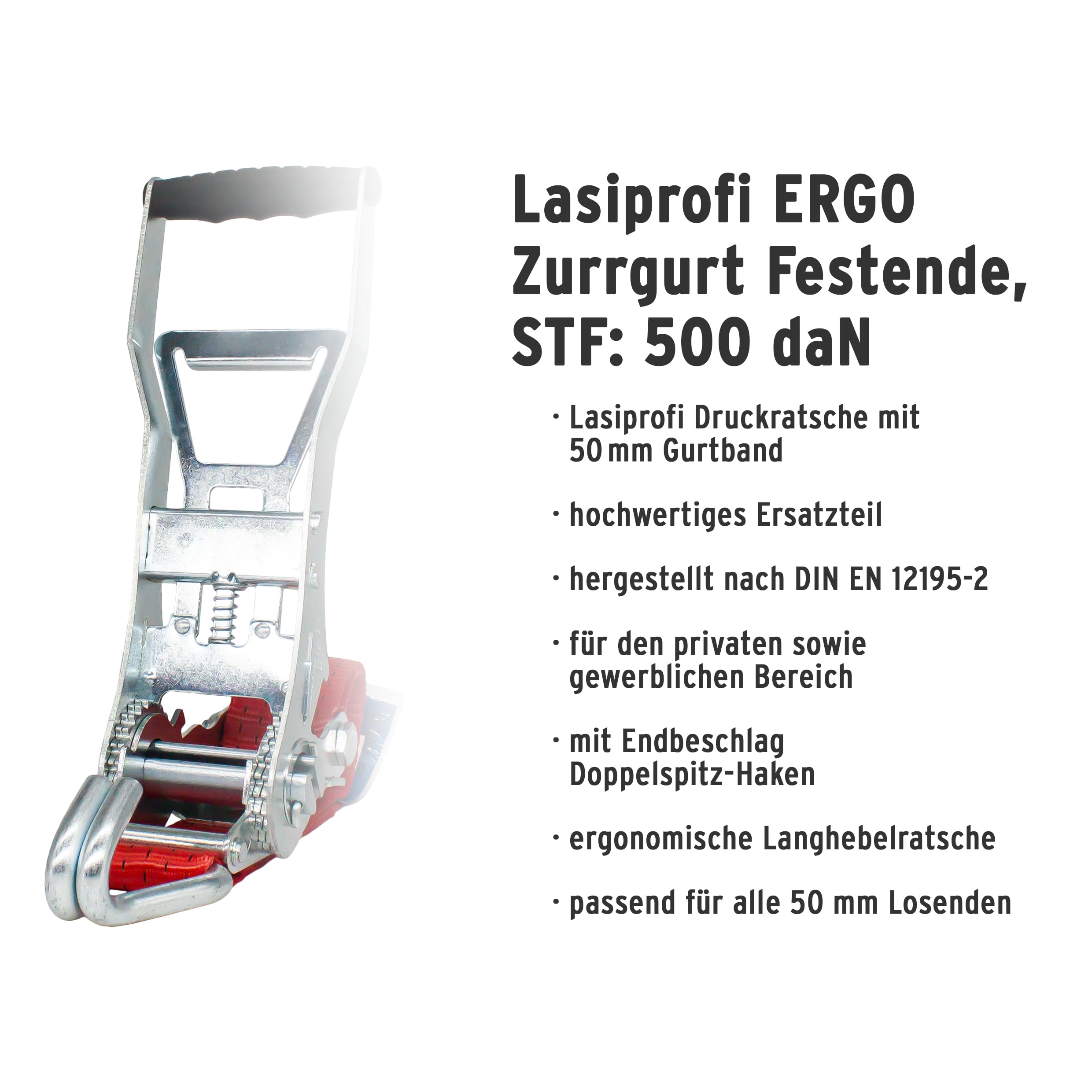Ergo-Ratsche hoher STF 500 daN | 4 Stück |Gurtband 50mm Farbe rot - Festende Ladungssicherung zum Nachrüsten