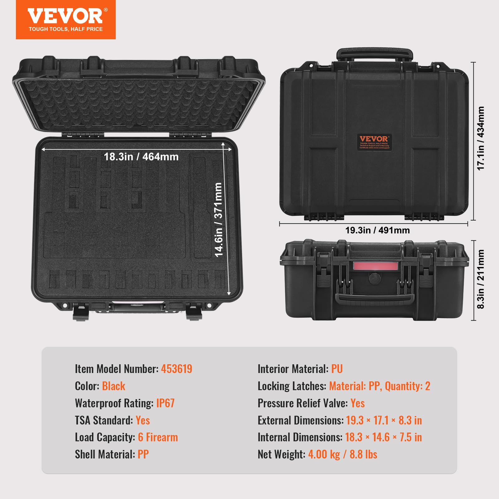 VEVOR Hartschalenkoffer Pistolen, Pistolenkoffer mit vorgeschnittenem Futter, staubdichter Hartschalenkoffer für 6 Pistolen, abschließbarer Pistolenkoffer, Waffenkoffer schwarz, 491 x 434 x 211 mm