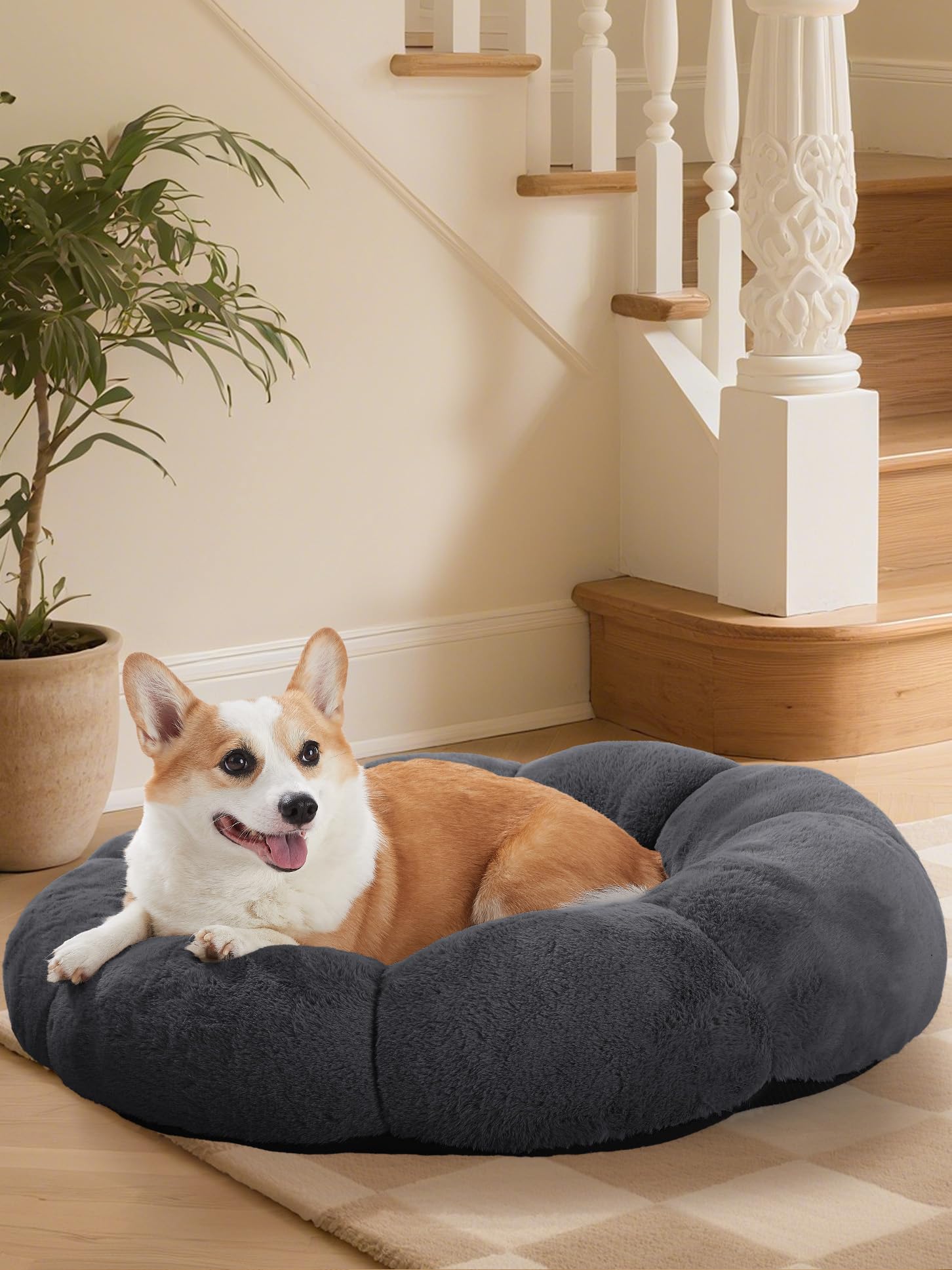 OhGeni 31 inches Calming Donut Orthopedic Dog & Cat Bed for Medium Pets, Warming Comfort Fluffy Short Pile Fur, Durable Waterproof Machine Washable