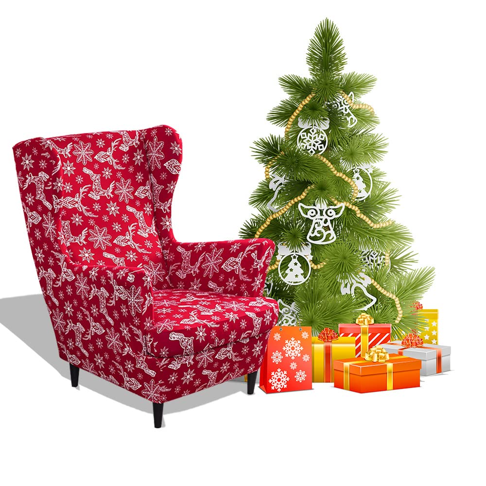 Highdi Snowflake 2 Piece Stretch Wingback Chair Covers Red Christmas Printed Wing Chair Slipcover Armchairs Covers Sofa Slipcover Spandex Living Room Bedroom Furniture Protector (Snowflake)